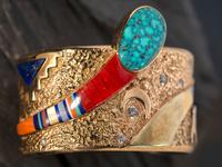 Tufa Cast 14K Gold Cuff Bracelet, with Mosaic Inlay Design Accented by Diamonds
