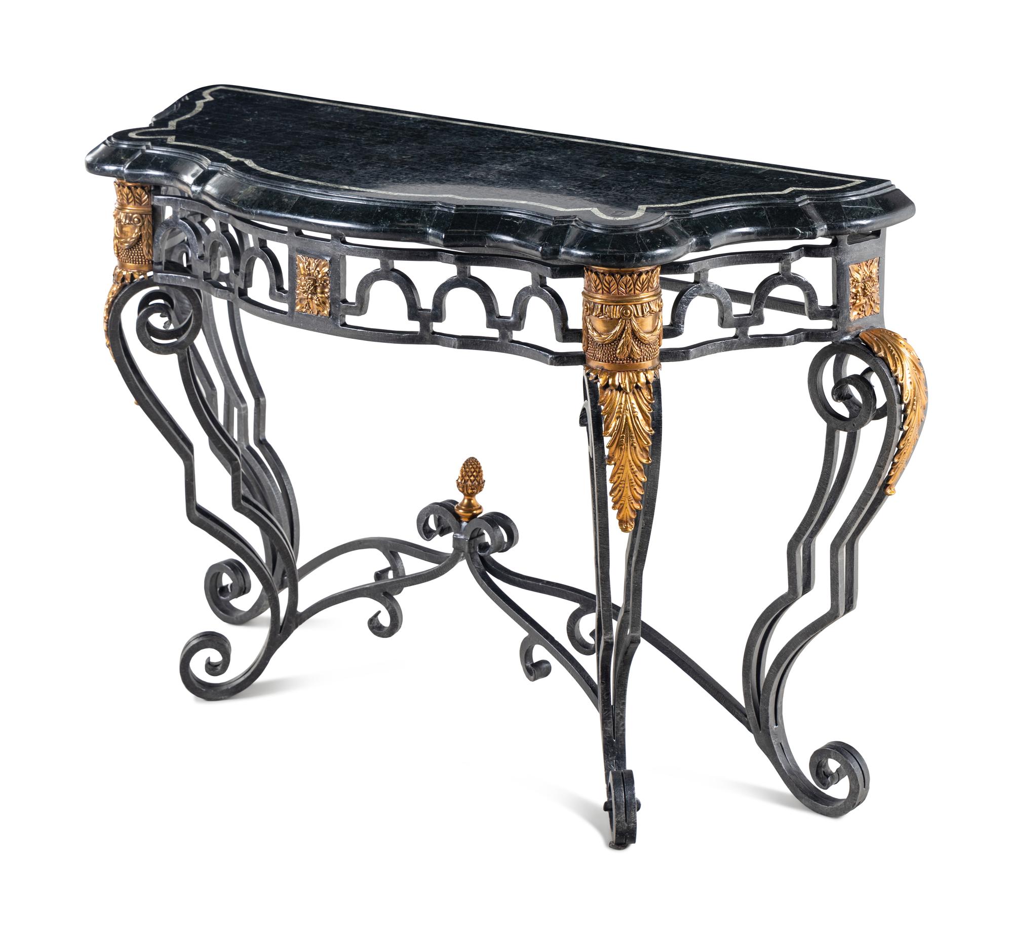 A Gilt Metal and Steel Marble-Top Console Table