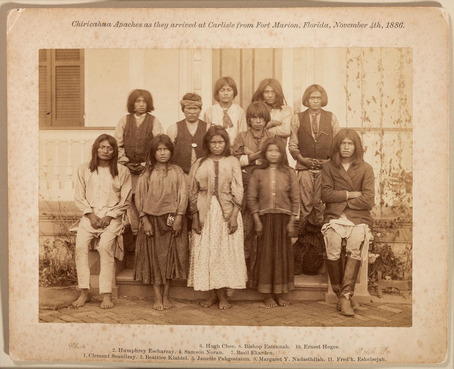 CHOATE, John N. (1848-1902), photographer. A pair of large format photographs featuring identified Chiricahua Apache students at Carlisle Indian School, before and after. Carlisle, PA, ca 1880s.