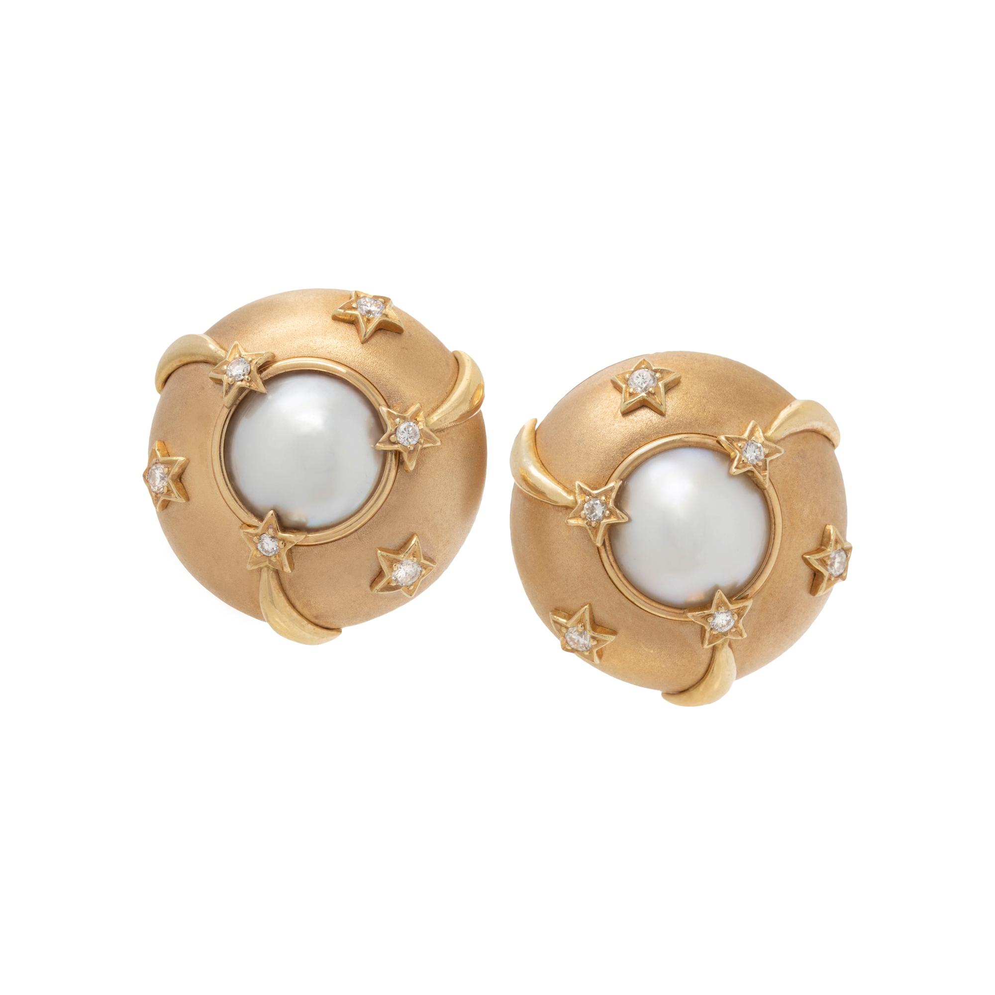 CHANEL, YELLOW GOLD, CULTURED MABE PEARL AND DIAMOND EARCLIPS