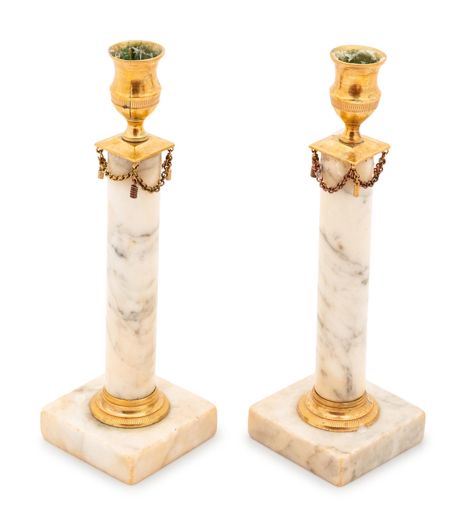 A Pair of Swedish Grey Marble Candlesticks