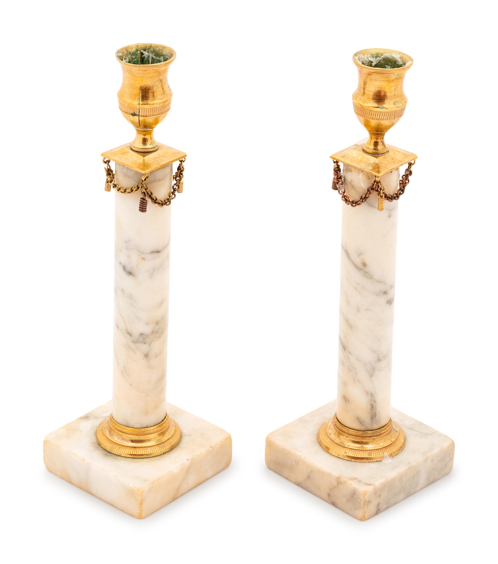A Pair of Swedish Grey Marble Candlesticks