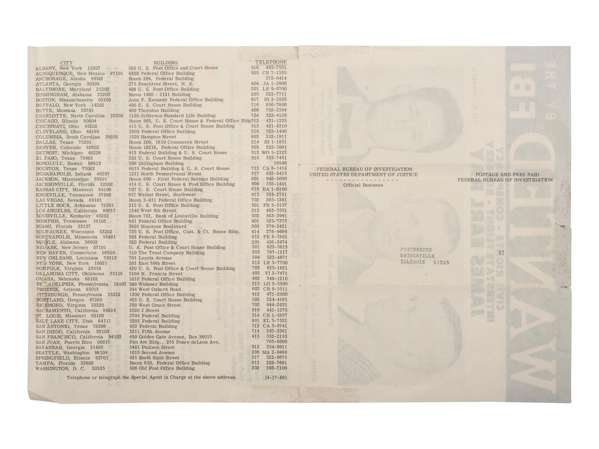 [KING, Martin Luther, Jr. (1929-1968)] -- [RAY, James Earl (1928-1998)]. Wanted by the FBI / Civil Rights - Conspiracy - Interstate Flight - Robbery. Washington, DC: Federal Bureau of Investigation, 19 April 1968.