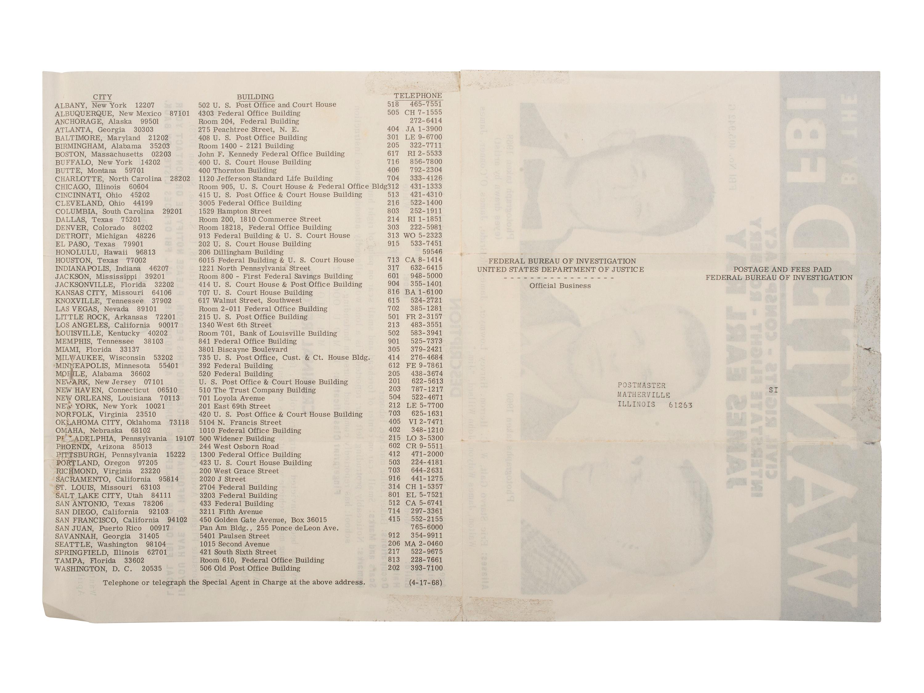 [KING, Martin Luther, Jr. (1929-1968)] -- [RAY, James Earl (1928-1998)]. Wanted by the FBI / Civil Rights - Conspiracy - Interstate Flight - Robbery. Washington, DC: Federal Bureau of Investigation, 19 April 1968.