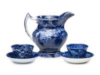 A Historical Blue Staffordshire Pitcher and Two Cups with Saucers