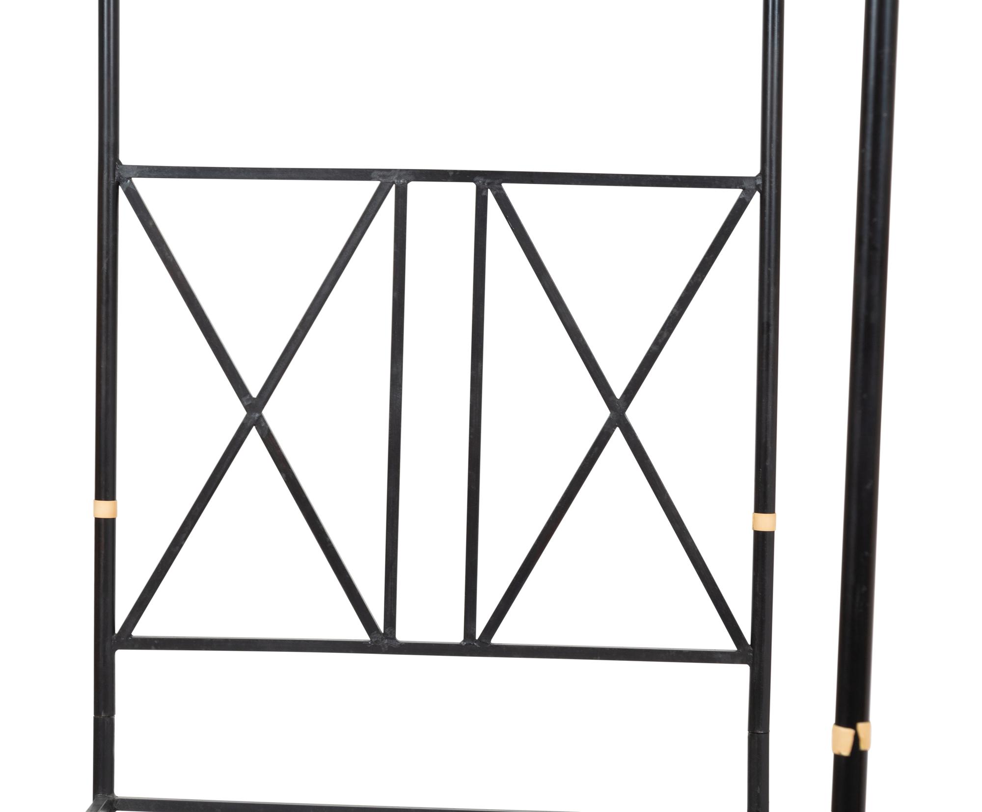 A Pair of Bronzed Metal Twin Four Poster Beds with Bed Hangings