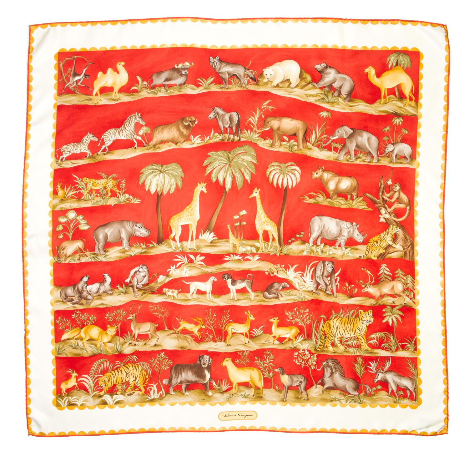 A Ferragamo 90cm Red Silk Animal Print Scarf, 36" x 36".