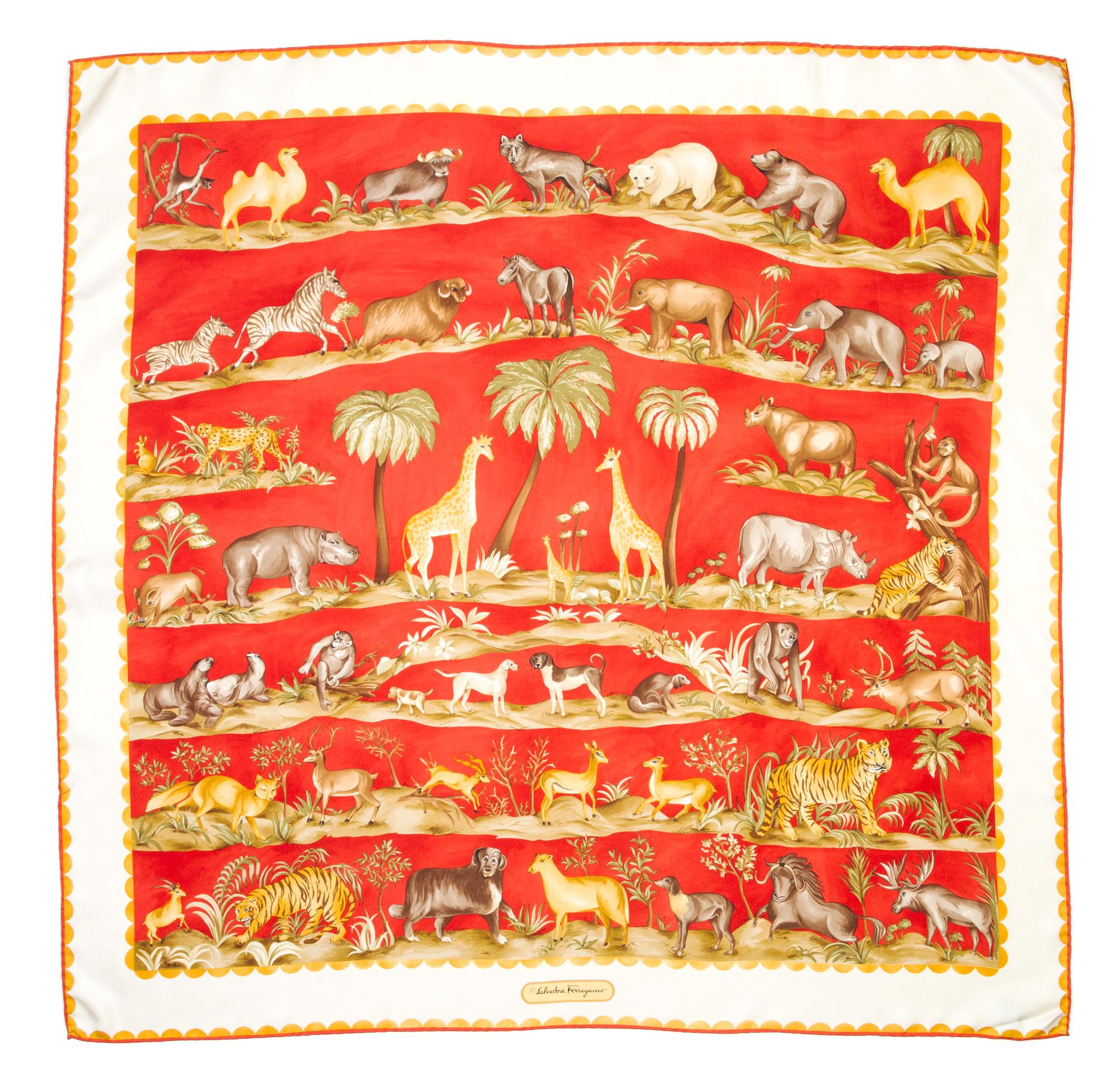 A Ferragamo 90cm Red Silk Animal Print Scarf, 36" x 36".
