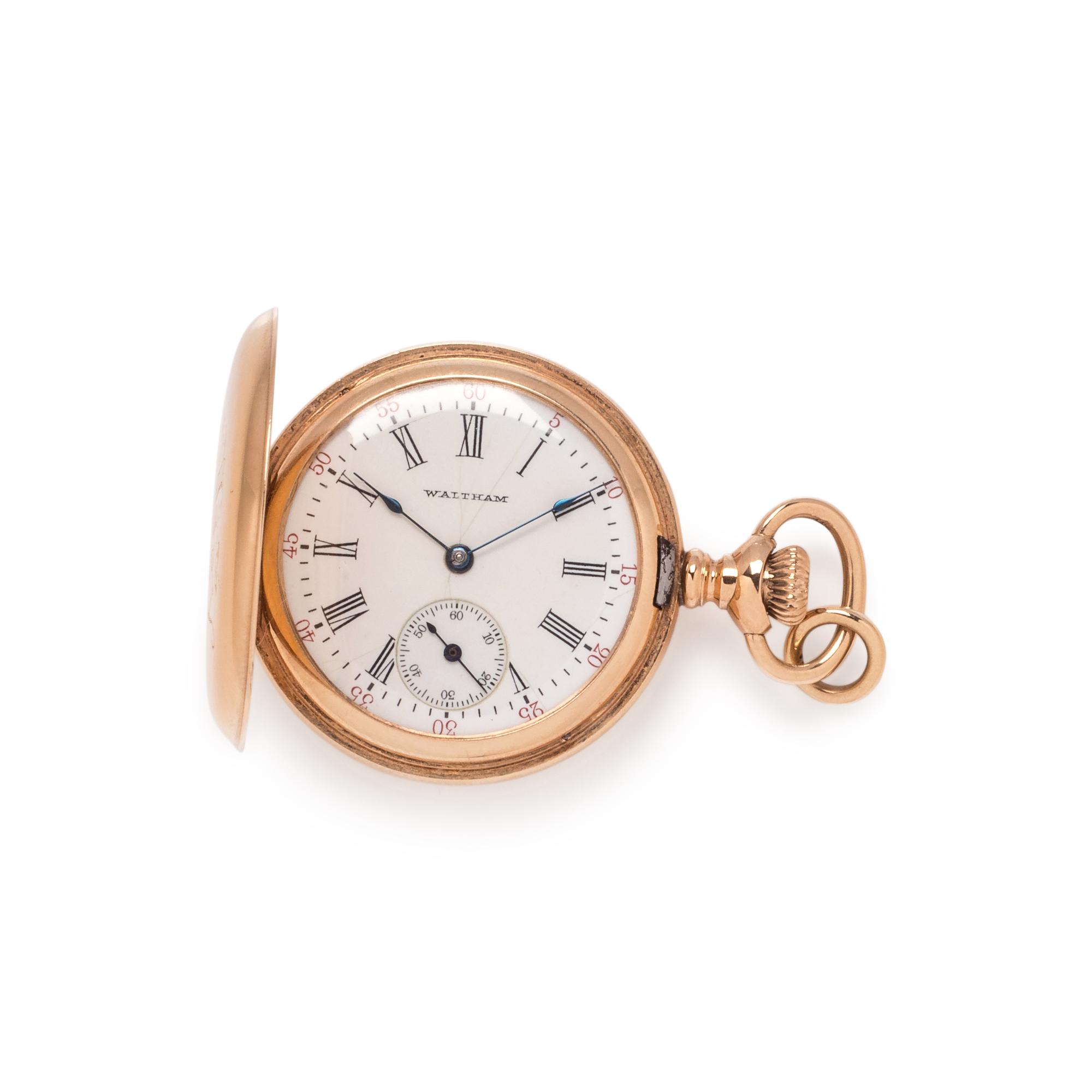 WALTHAM, 14K YELLOW GOLD AND DIAMOND HUNTER CASE POCKET WATCH