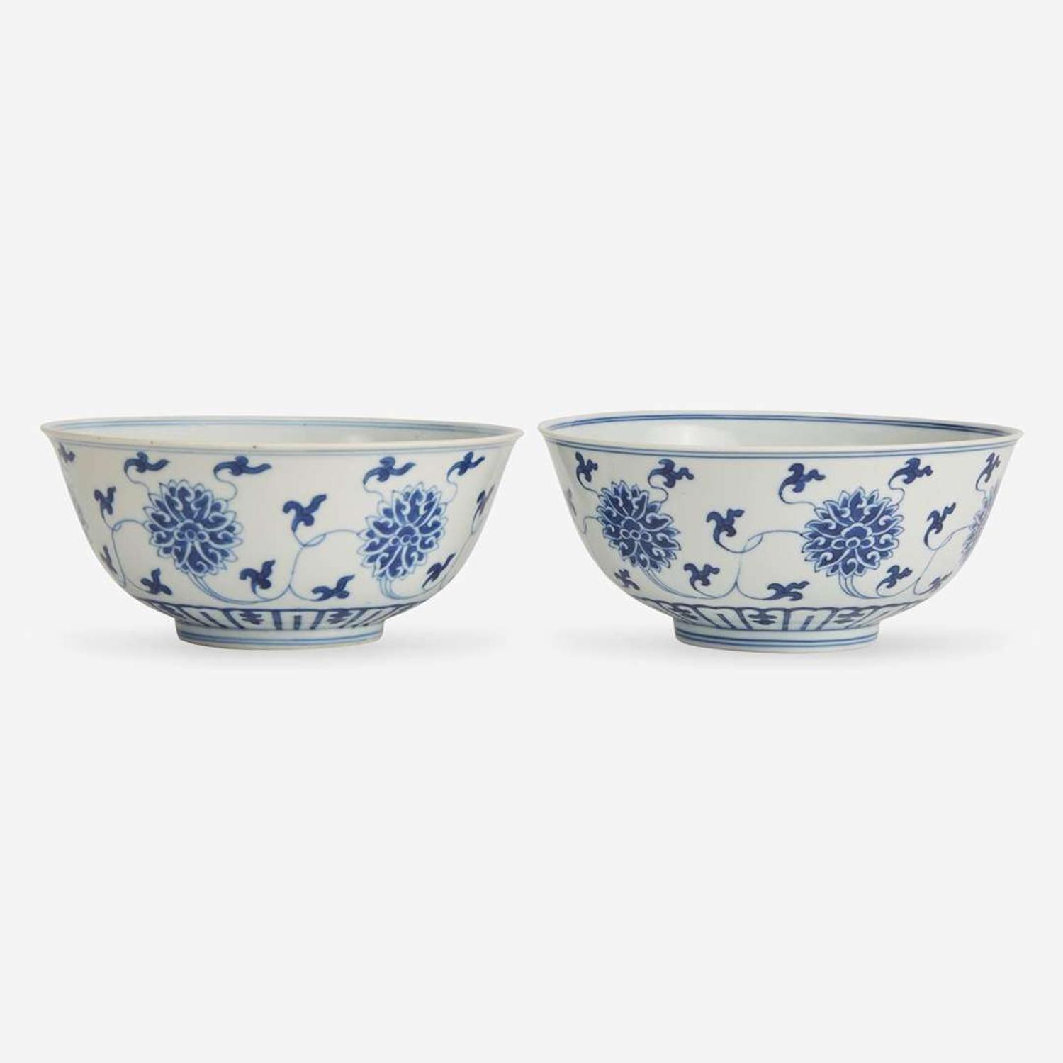 An associated pair of Chinese blue and white porcelain "Lotus" bowls 青花缠枝莲纹碗一对 Daoguang mark and probably of the period ??? ????