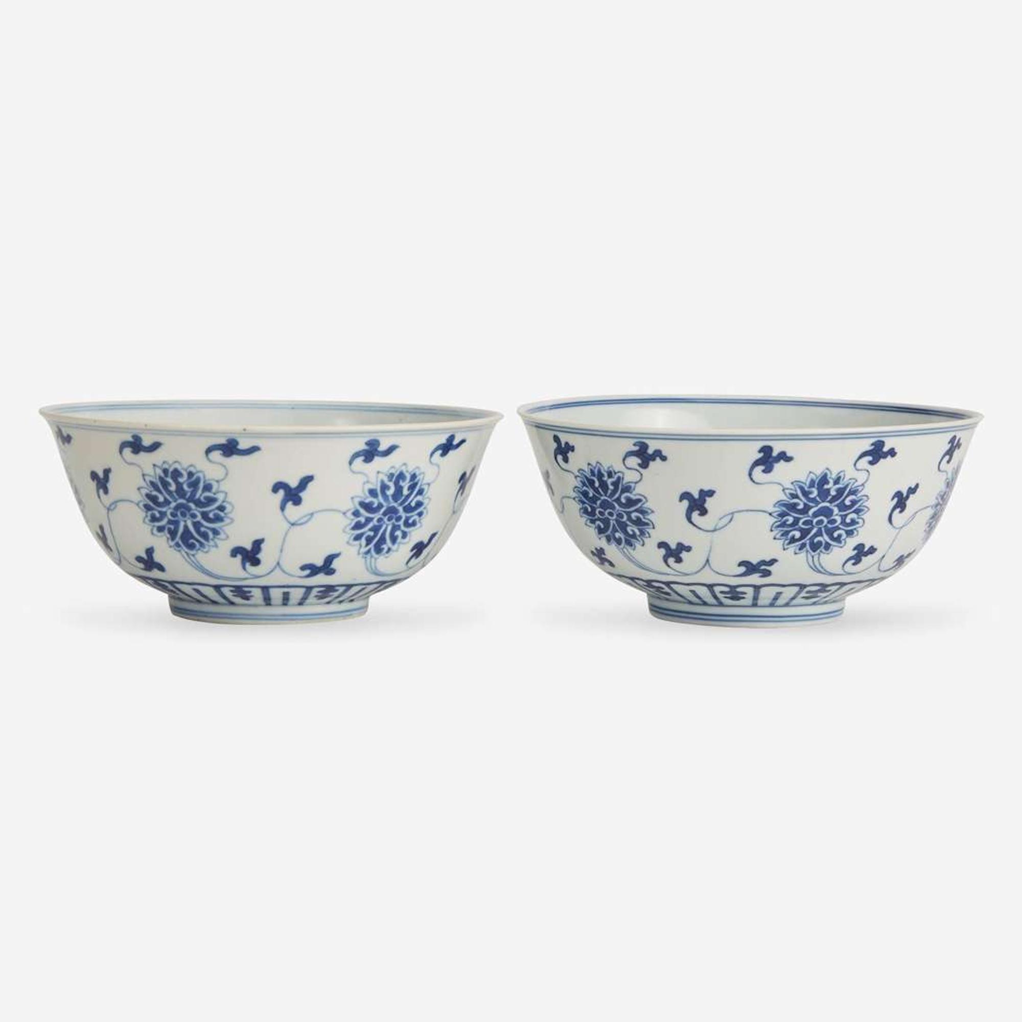 An associated pair of Chinese blue and white porcelain "Lotus" bowls 青花缠枝莲纹碗一对 Daoguang mark and probably of the period ??? ????