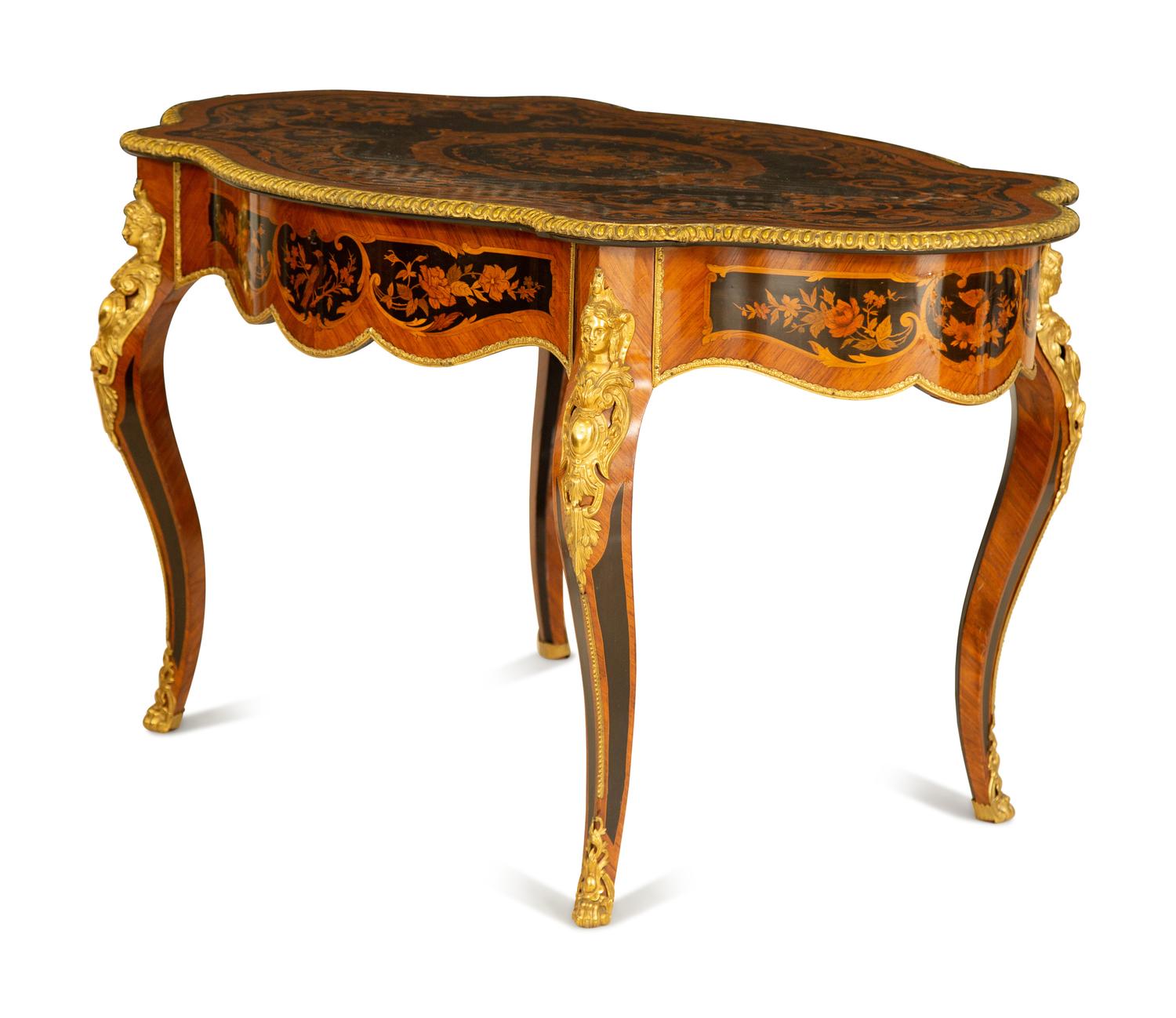 A Napoleon III Style Gilt Bronze Mounted Marquetry Center Table