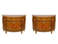 A Pair of Adam Style Painted Parcel Gilt and Marquetry Inlaid Demilune Commodes