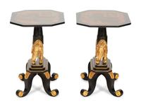 A Pair of Painted and Parcel Gilt Ebonized Side Tables