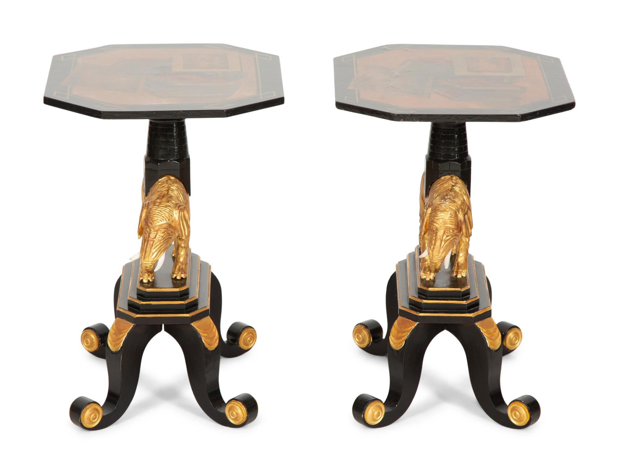 A Pair of Painted and Parcel Gilt Ebonized Side Tables