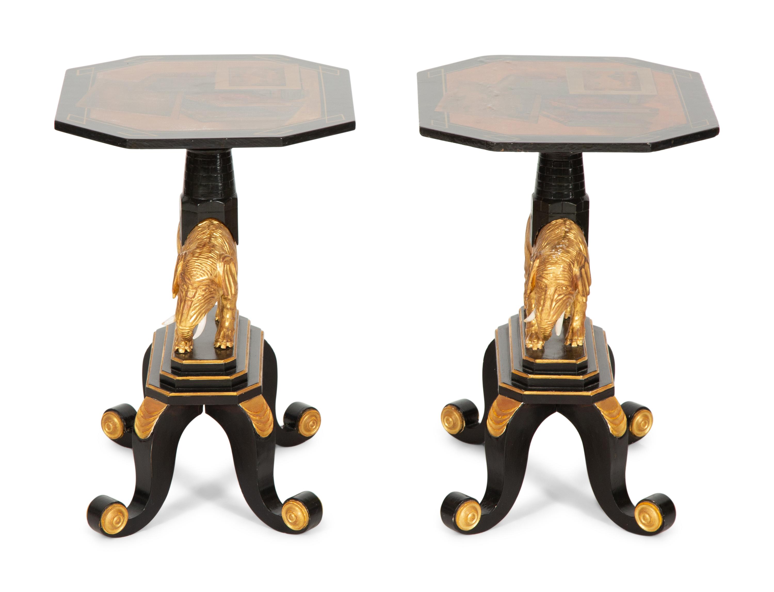 A Pair of Painted and Parcel Gilt Ebonized Side Tables