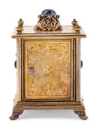 A Continental Blue Hardstone and Cultured Pearl Inset Gilt Metal and Enameled Table Clock