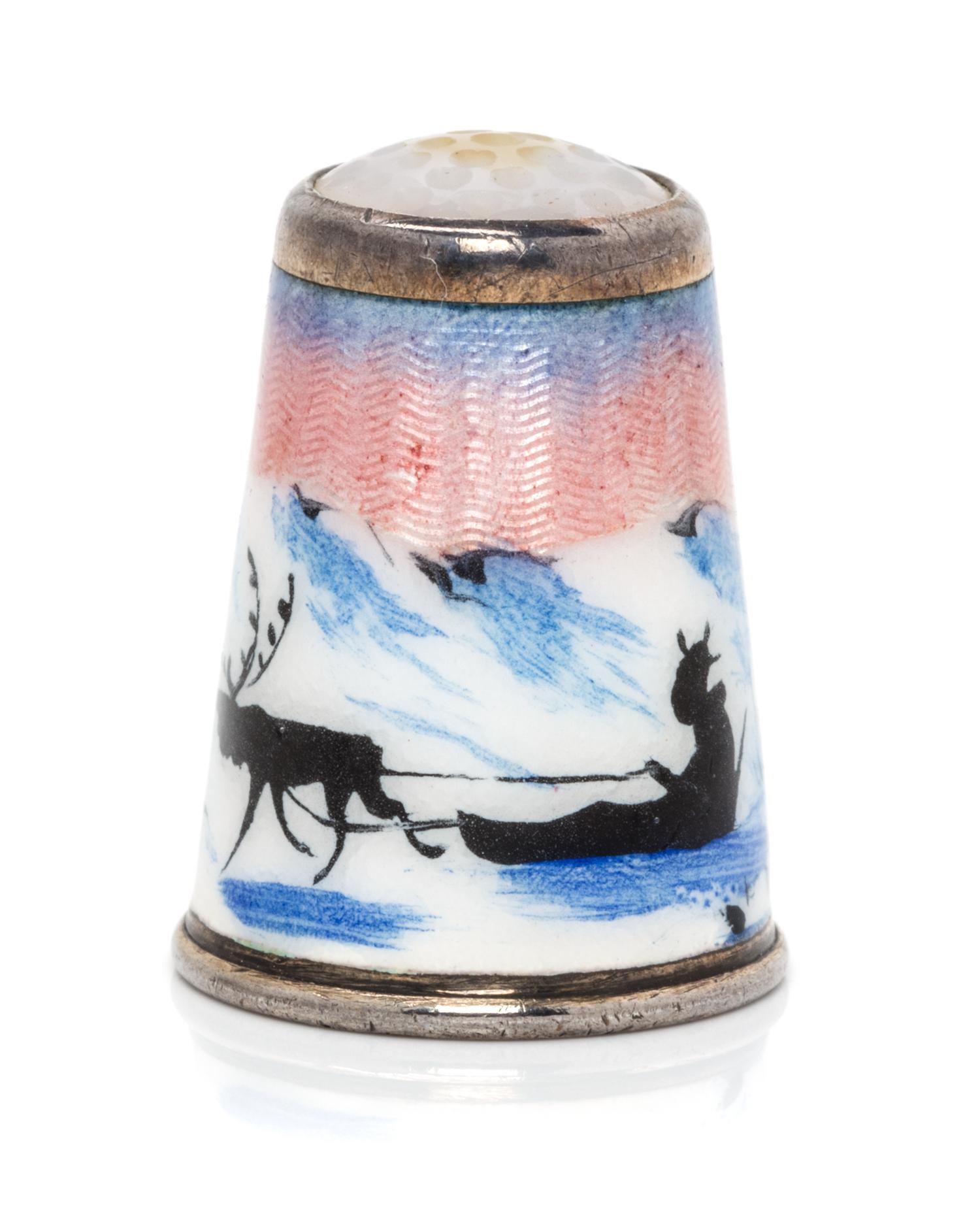 A Norwegian Silver and Enameled Thimble, David Andersen, Oslo, Late 19th/Early 20th Century, the hardstone inset top above a guilloche