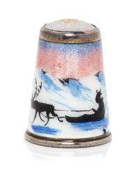 A Norwegian Silver and Enameled Thimble, David Andersen, Oslo, Late 19th/Early 20th Century, the hardstone inset top above a guilloche