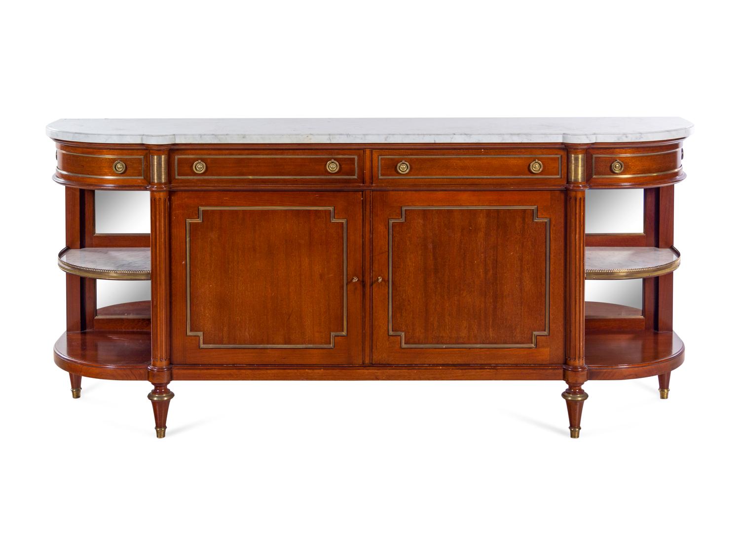 A Louis XVI Style Brass Inlaid Mahogany Marble-Top Serving Cabinet