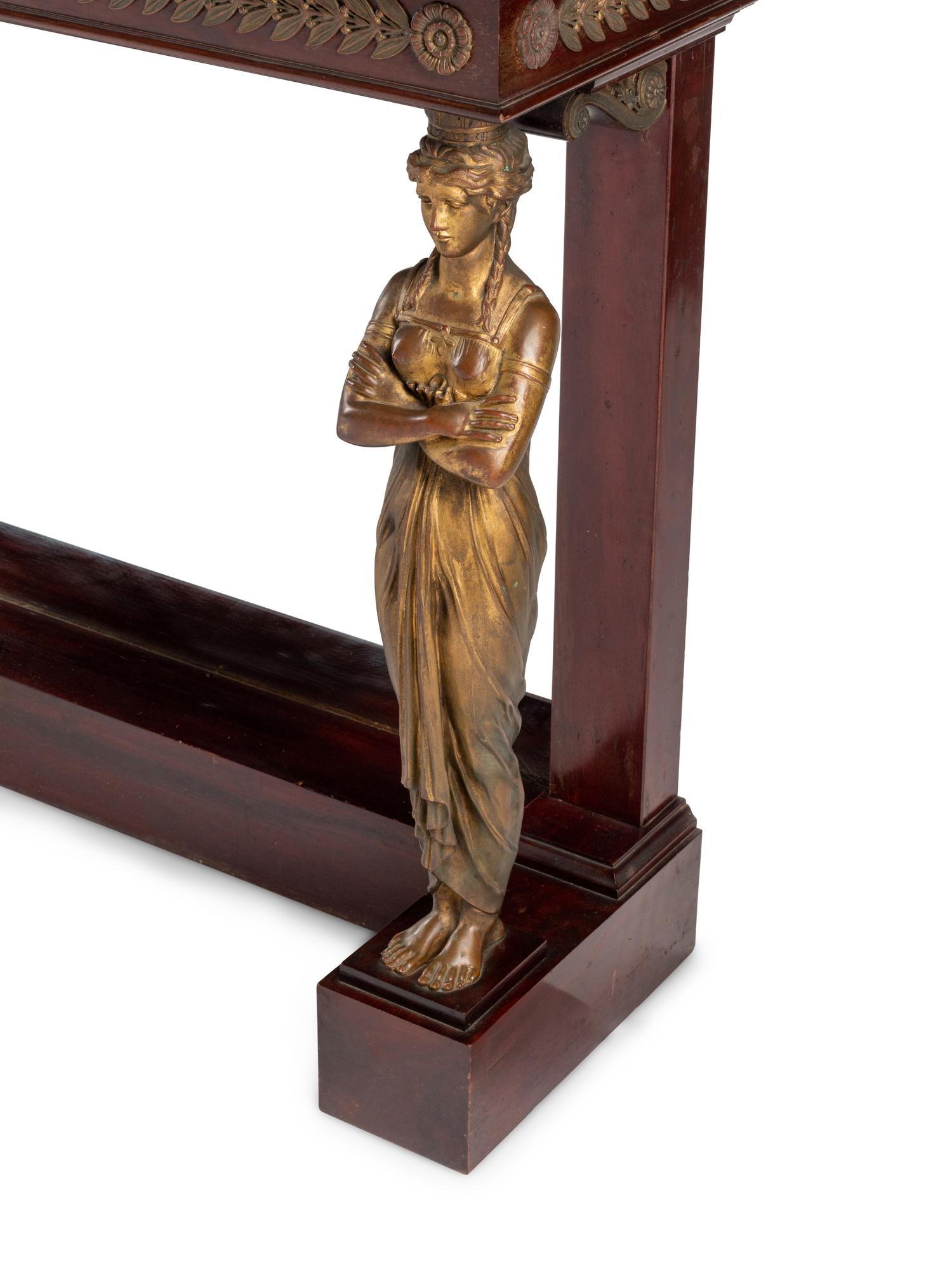An Empire Style Gilt Bronze Mounted Mahogany Marble-Top Console Table