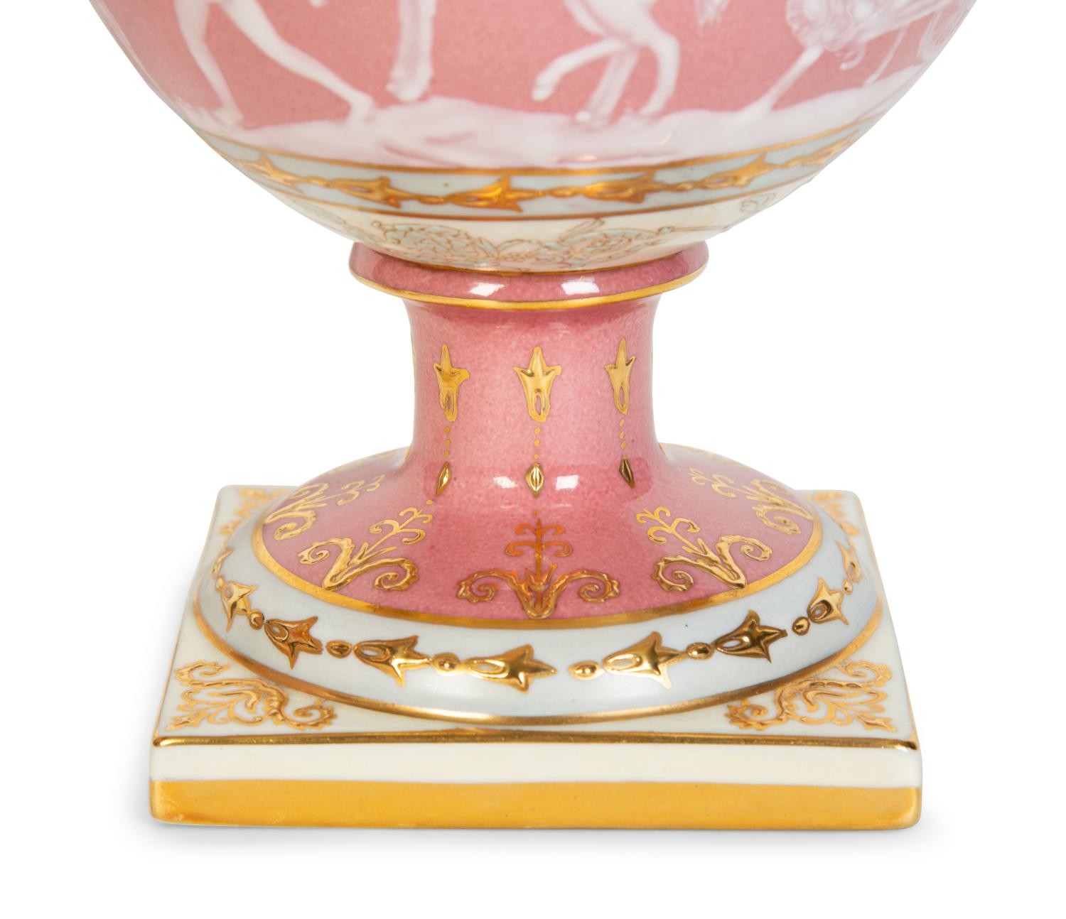 A Pair of Pâte-sur-Pâte Style Porcelain Urns with Gilt Dolphin Handles