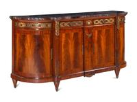 A Louis XVI Style Gilt Bronze Mounted Mahogany Marble-Top Console Cabinet