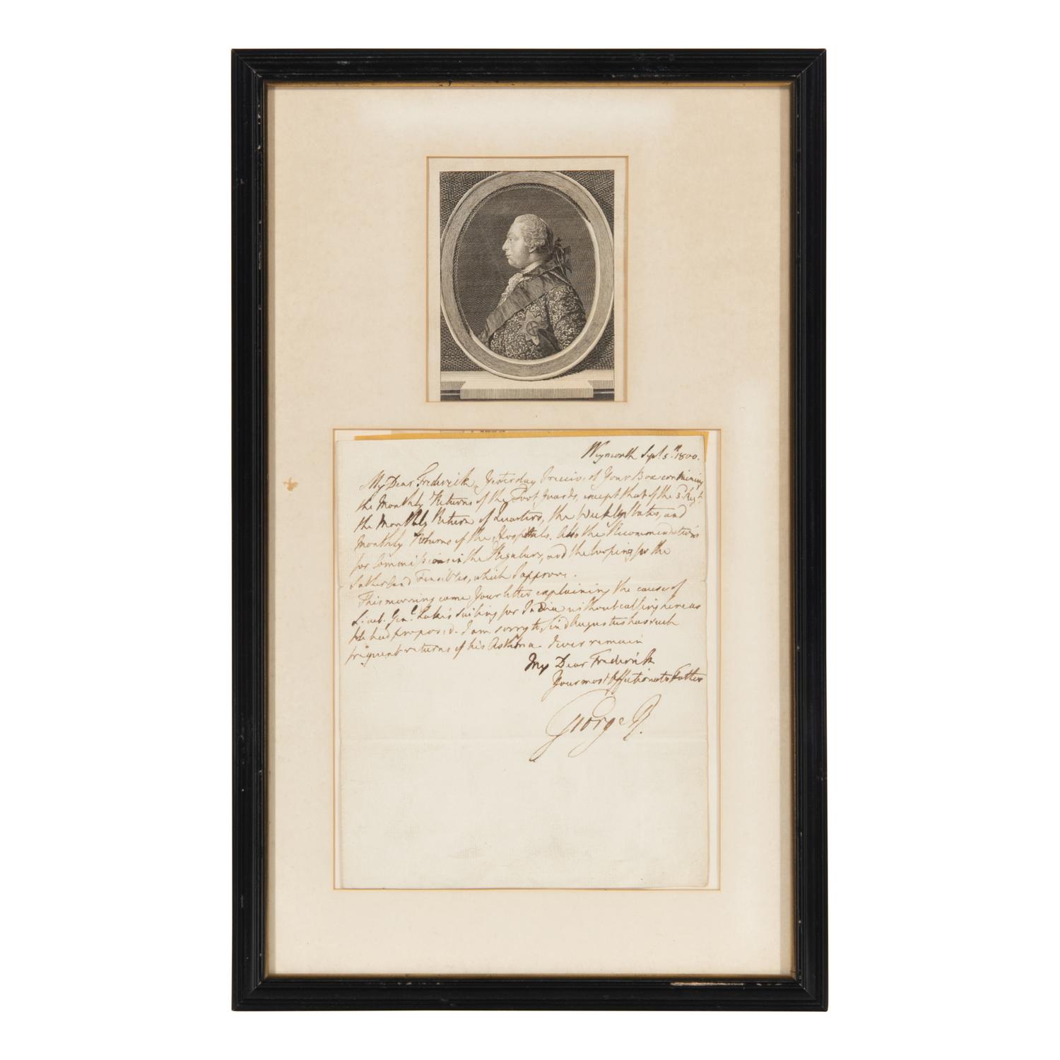George III (1738-1820). Autograph letter signed ("George R.") to his son Prince Frederick, Duke of York and Albany. Weymouth, 5 September 1800.