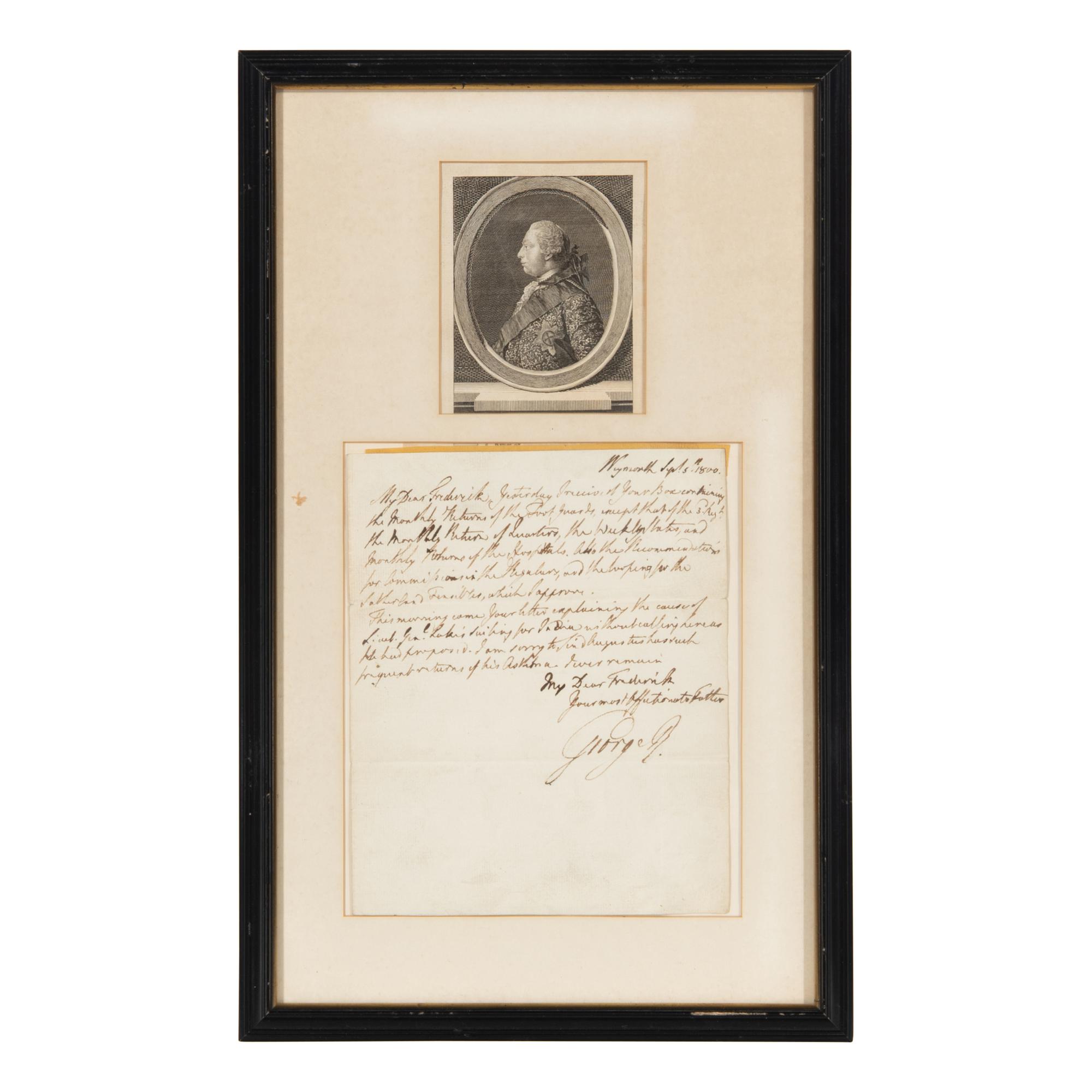 George III (1738-1820). Autograph letter signed ("George R.") to his son Prince Frederick, Duke of York and Albany. Weymouth, 5 September 1800.