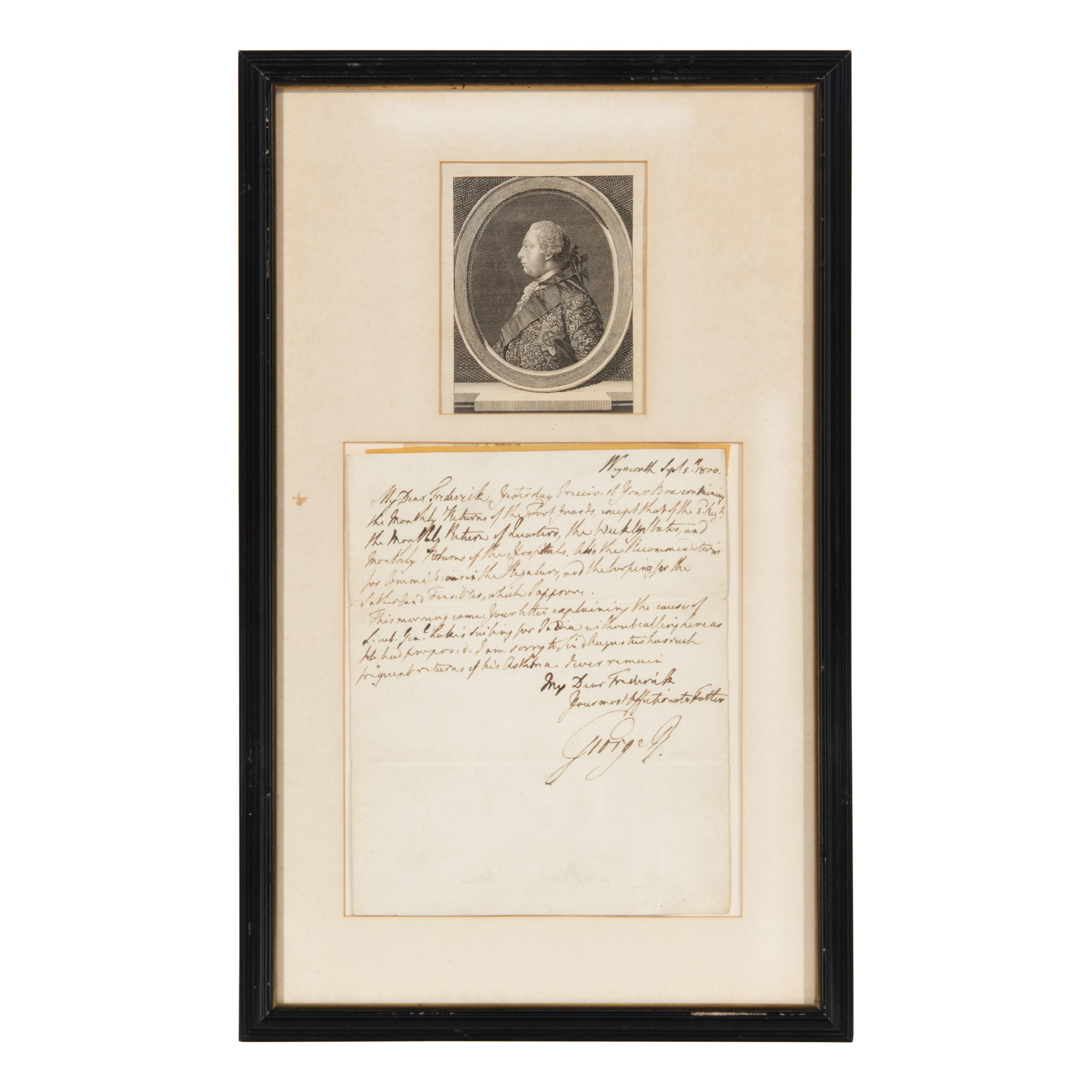 George III (1738-1820). Autograph letter signed ("George R.") to his son Prince Frederick, Duke of York and Albany. Weymouth, 5 September 1800.