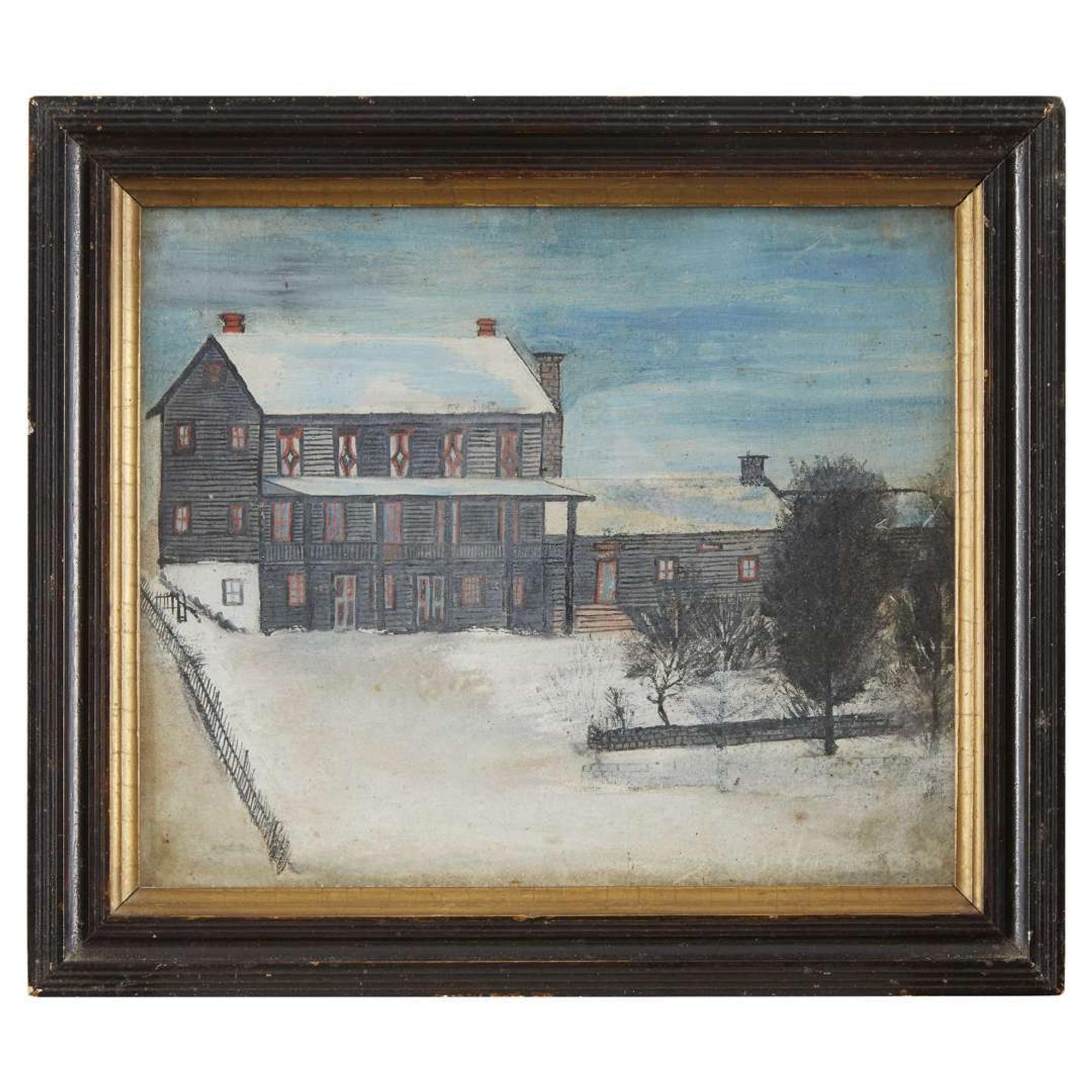 American School 19th century Two works: house portrait and bucolic scene with sheep and young girl