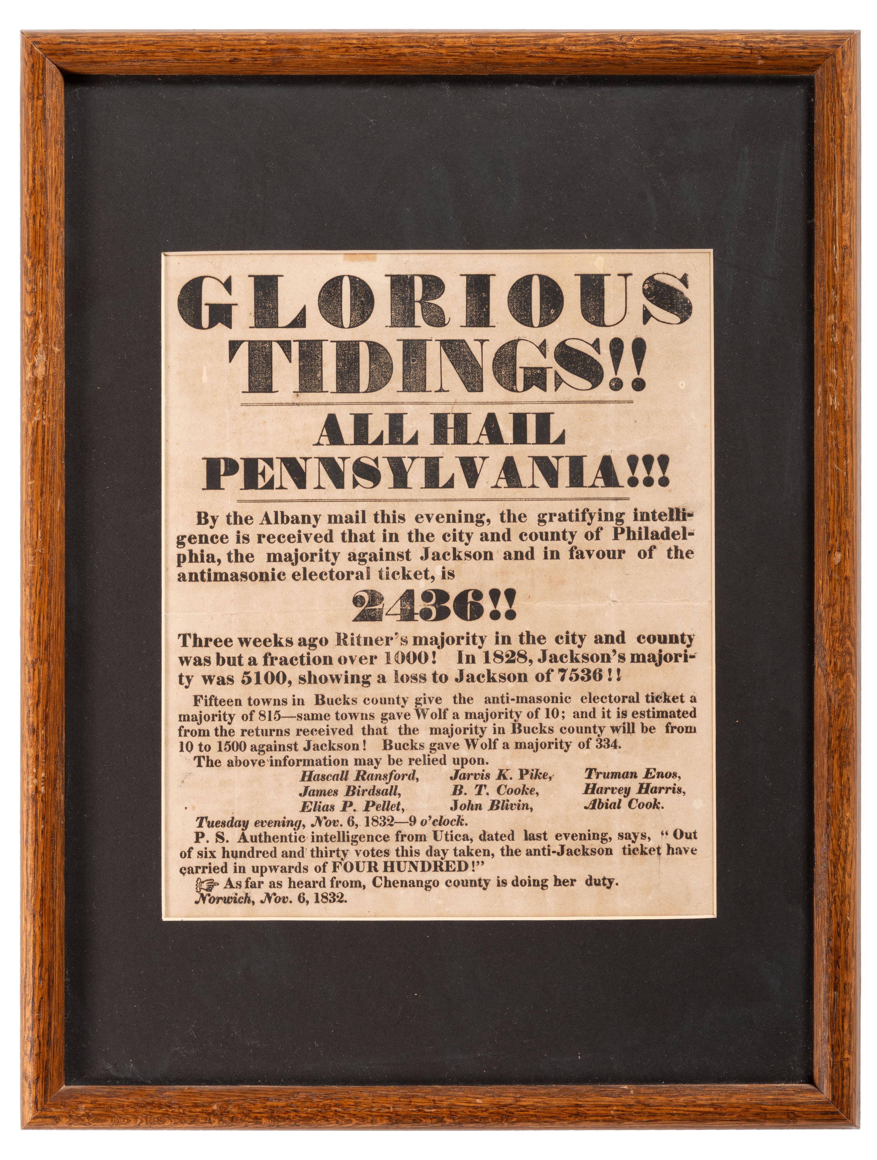 [POLITICS] Broadside announcing a majority vote against Jackson in favor of the Anti-Masonic ticket.
