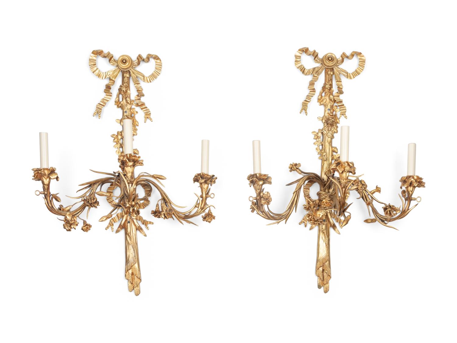 A Pair of Louis XVI Style Gilt Bronze Three-Light Sconces