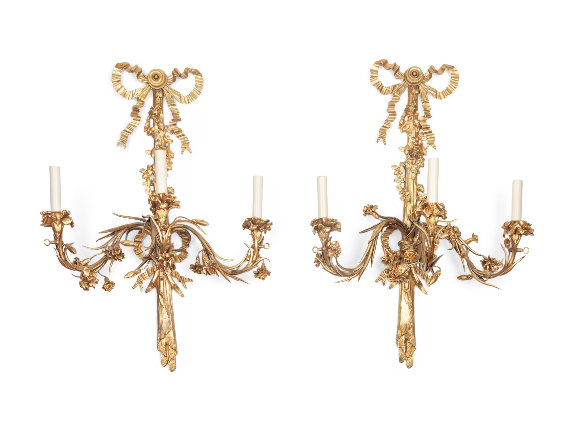 A Pair of Louis XVI Style Gilt Bronze Three-Light Sconces