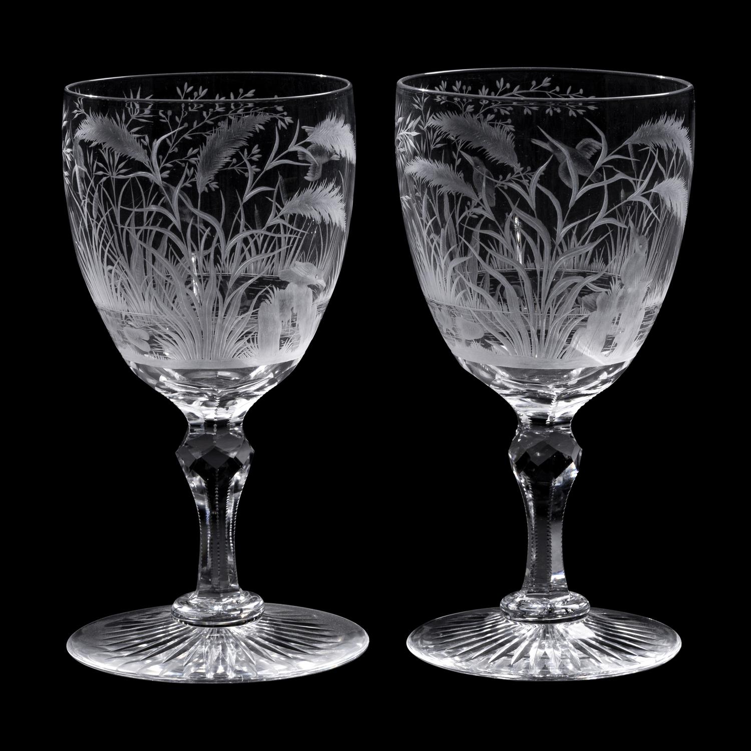 A Pair of Etched and Cut Glass Goblets with Waterfowl Motifs