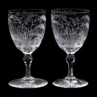 A Pair of Etched and Cut Glass Goblets with Waterfowl Motifs