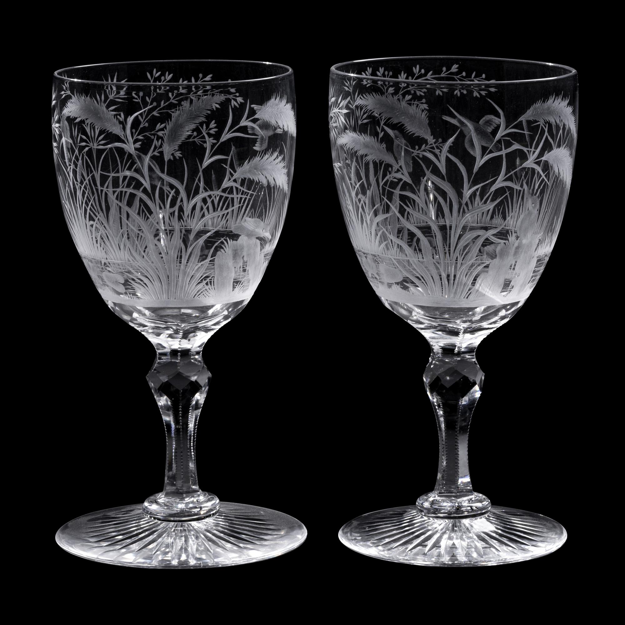 A Pair of Etched and Cut Glass Goblets with Waterfowl Motifs
