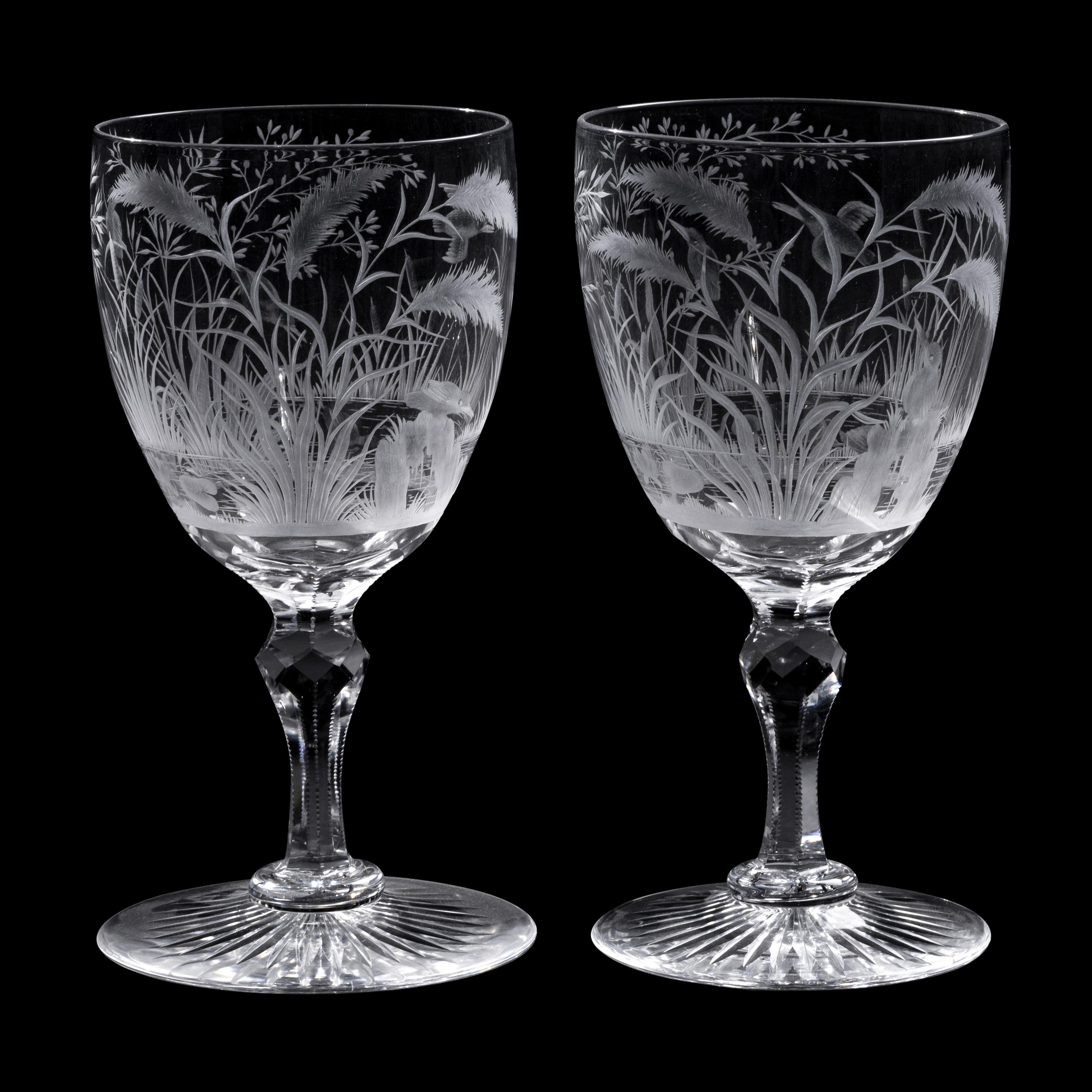 A Pair of Etched and Cut Glass Goblets with Waterfowl Motifs