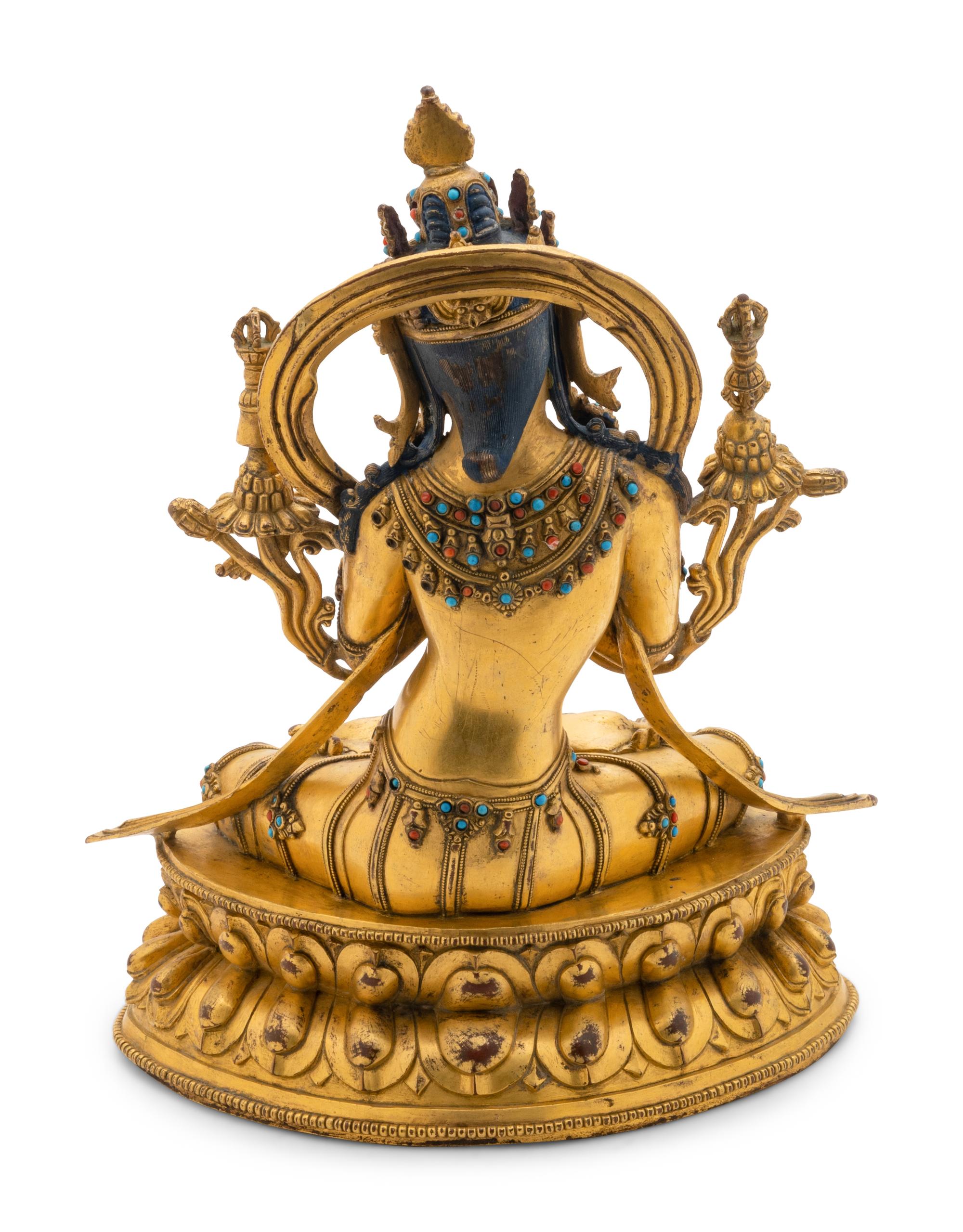 A Sino-Tibetan Hardstone Inlaid Gilt Bronze Figure of Bodhisattva