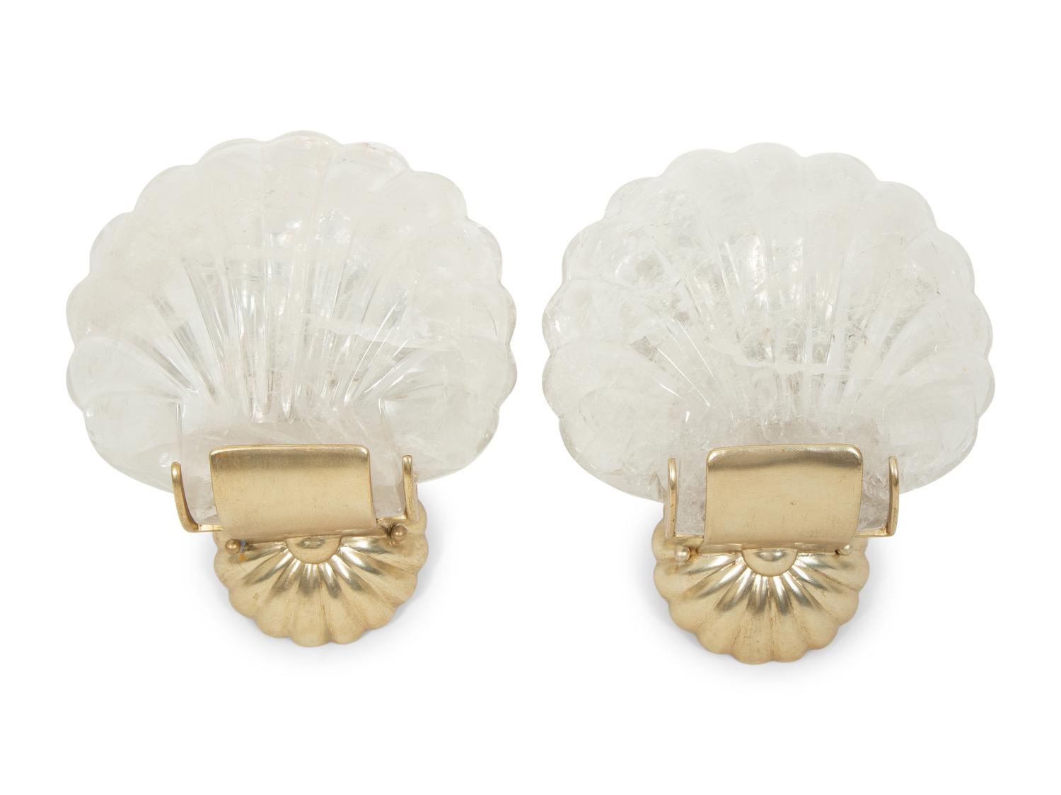 A Pair of Paul Ferrante Carved Rock Crystal and Silver Shell Sconces