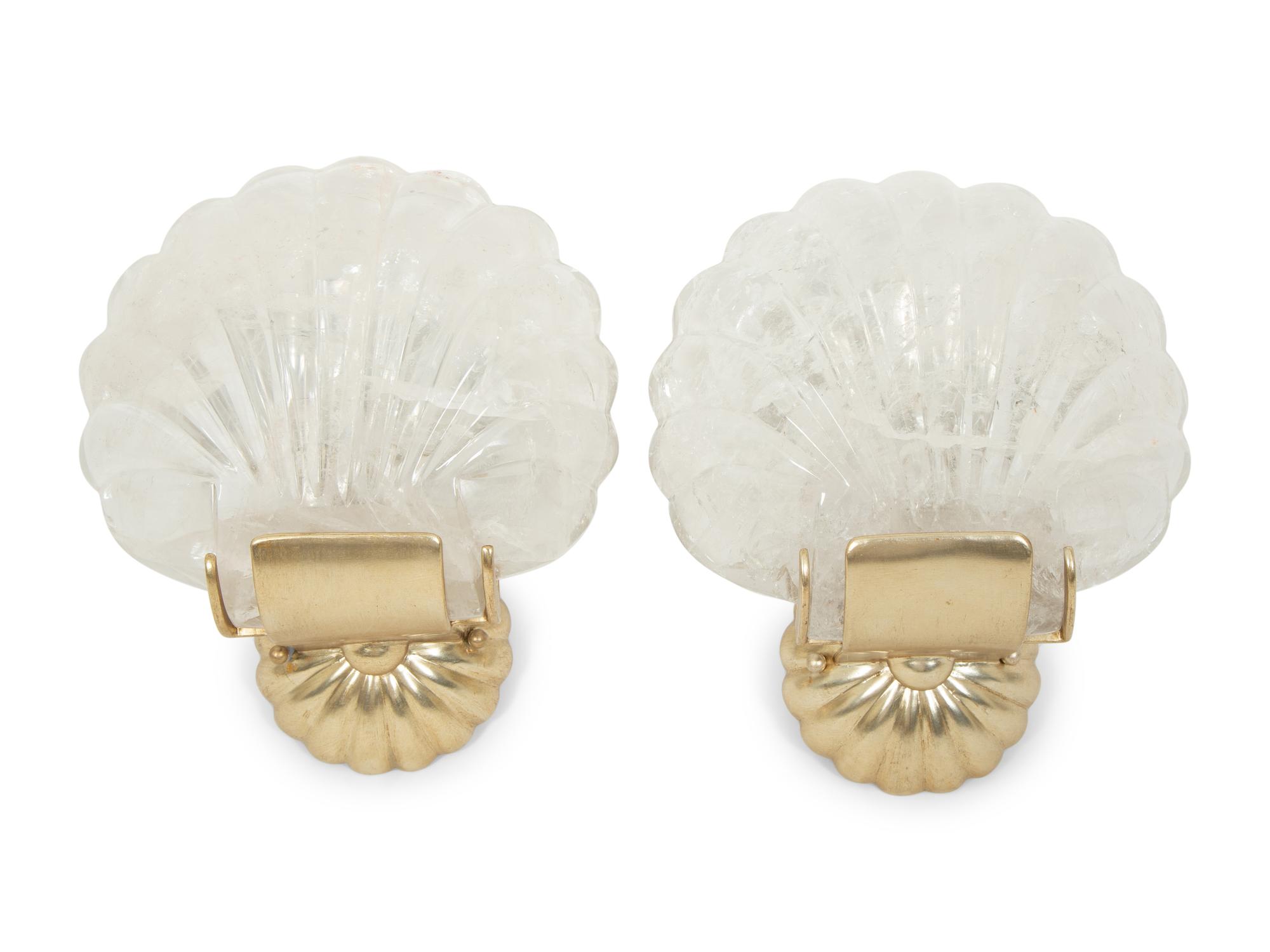 A Pair of Paul Ferrante Carved Rock Crystal and Silver Shell Sconces