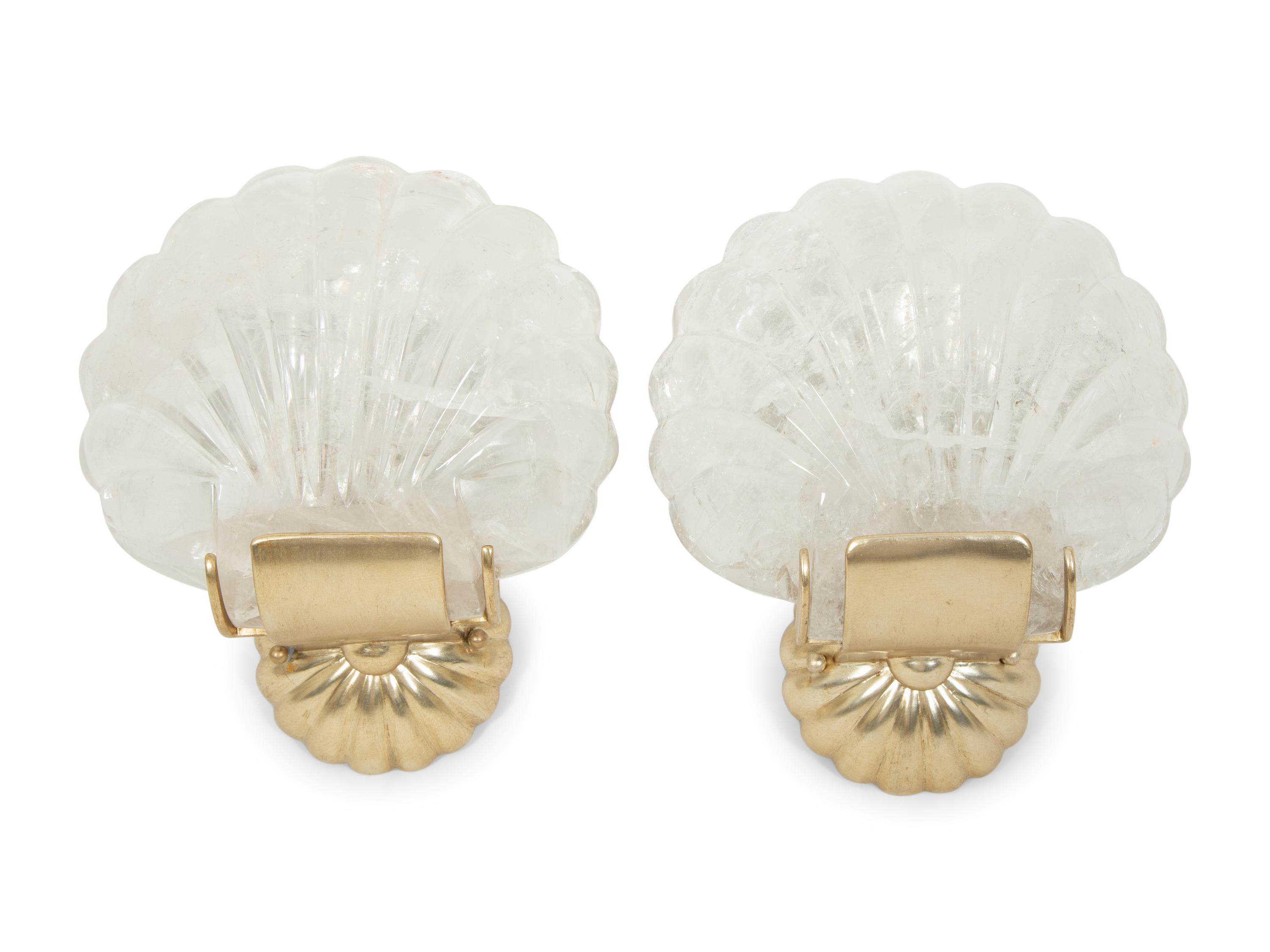A Pair of Paul Ferrante Carved Rock Crystal and Silver Shell Sconces