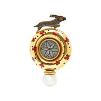 ELIZABETH GAGE, YELLOW GOLD, ENAMEL, AND CULTURED PEARL HARE BROOCH