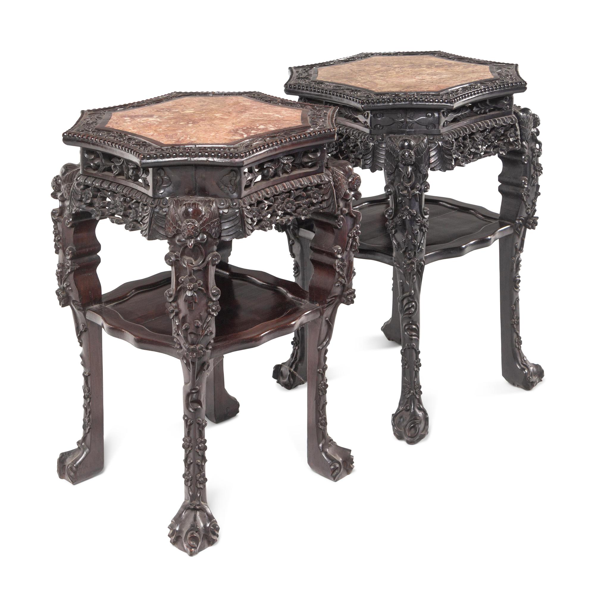 Four Chinese Export Marble Inset Hardwood Side Stands