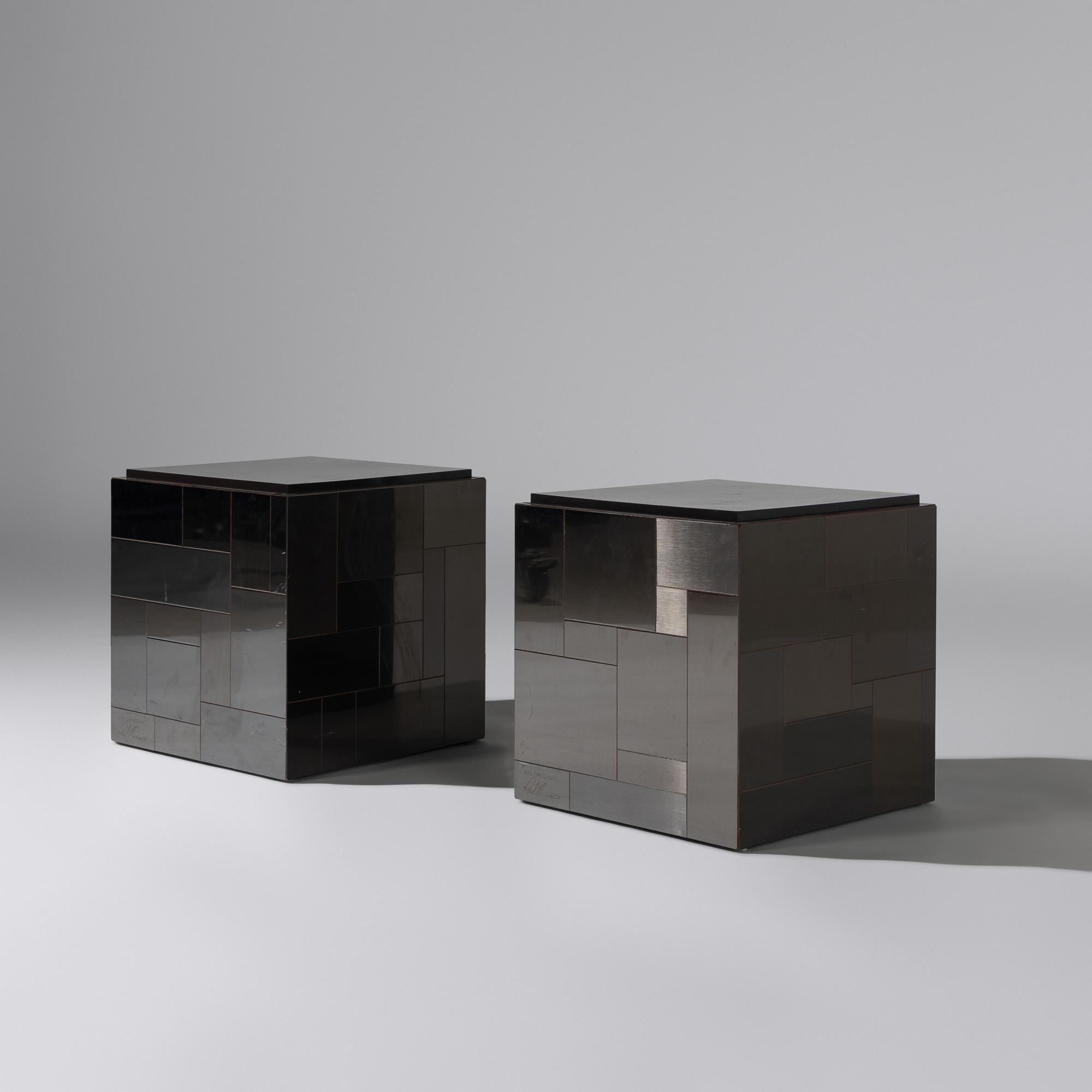 Pair of Cityscape cube tables, gunmetal finish