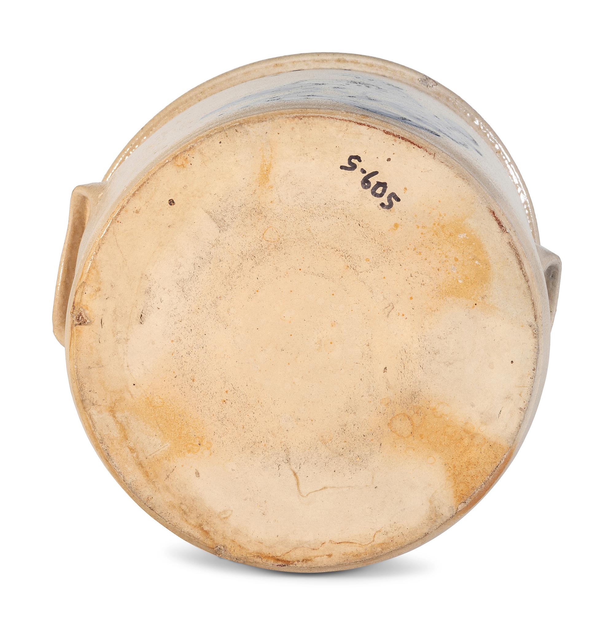 A Cobalt Decorated Stoneware 3-Gallon Quail and Flower Crock