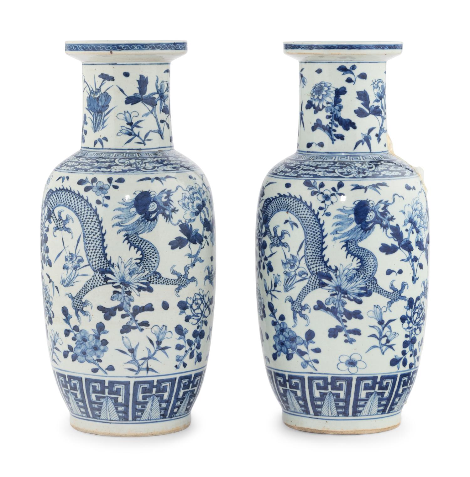 A Pair of Chinese Blue and White Porcelain Rouleau Vases