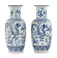 A Pair of Chinese Blue and White Porcelain Rouleau Vases