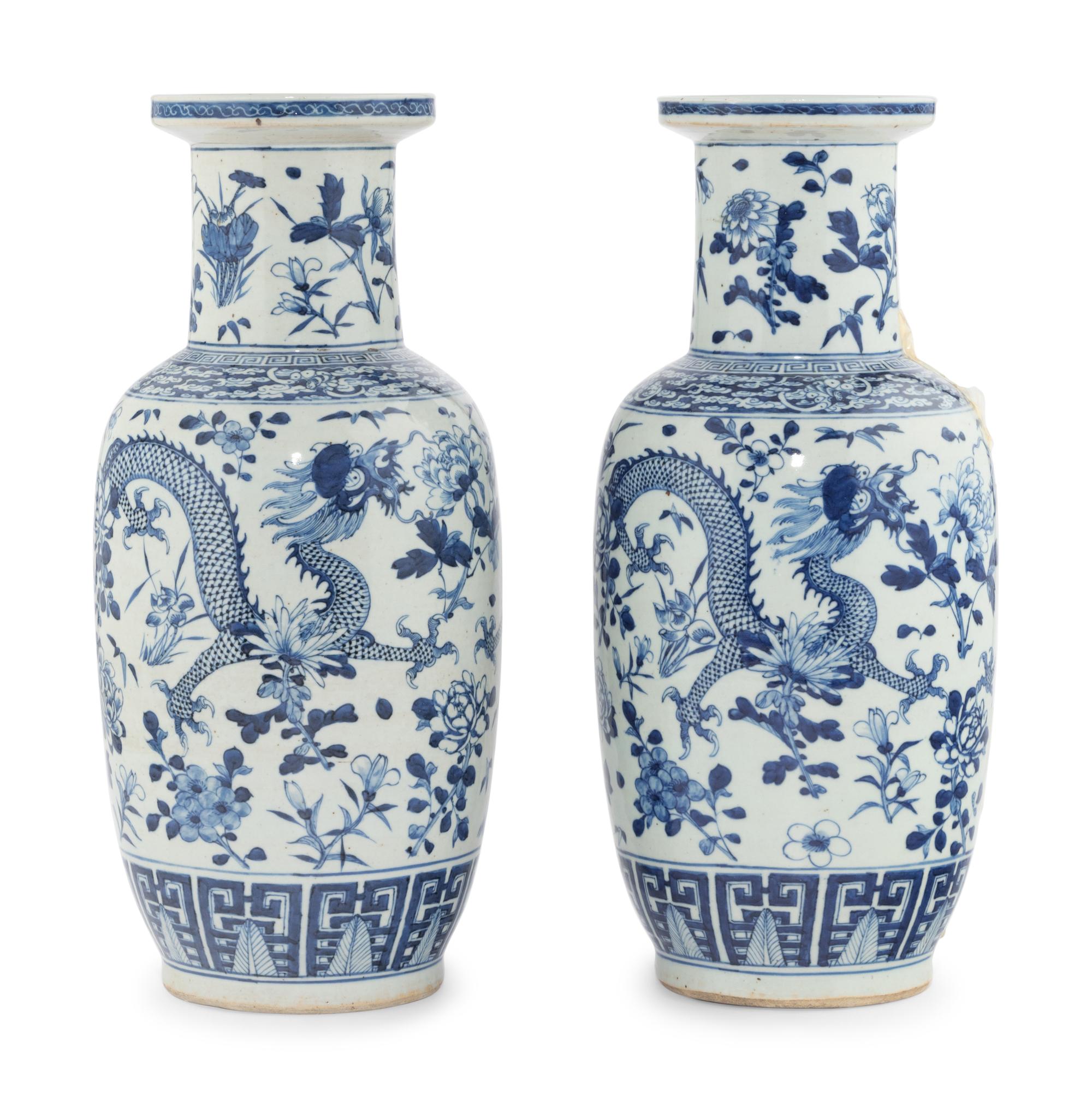 A Pair of Chinese Blue and White Porcelain Rouleau Vases