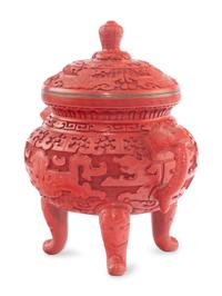 A Chinese Export Carved Red Lacquer Tripod Censer
